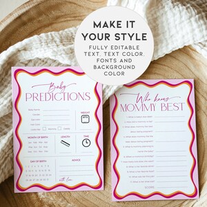 May include: Two pink baby shower game cards with orange and yellow accents. The first card is titled "Baby Predictions" and has a list of baby characteristics to guess, including name, gender, weight, length, time of birth, month of birth, and day of birth. The second card is titled "Who Knows Mommy Best?" and has a list of questions about the mother-to-be.