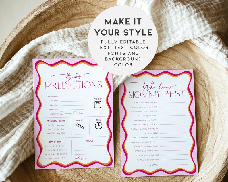 May include: Two pink baby shower game cards with orange and yellow accents. The first card is titled "Baby Predictions" and has a list of baby characteristics to guess, including name, gender, weight, length, time of birth, month of birth, and day of birth. The second card is titled "Who Knows Mommy Best?" and has a list of questions about the mother-to-be.
