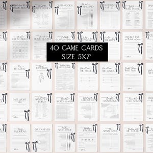 May include: Forty printable game cards for a bridal shower or bachelorette party. The cards are 5x7 inches and feature a black and white design with a black bow on each card. The text on the cards includes game titles such as "Bride or Groom", "Wedding Bingo", "Who Am I", and "Love Story Game".