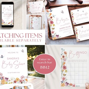May include: A set of printable baby shower invitations with a floral design and butterflies. The invitations include a welcome sign, a bingo card, a diaper raffle card, and a "Thank You" card. The text on the invitations reads "Baby in Bloom", "Sandra's Baby Shower", "Diaper Raffle", "Thank You", and "Baby Bingo".