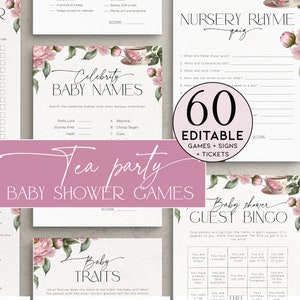 Pink and green baby shower games bundle with tea party theme and florals