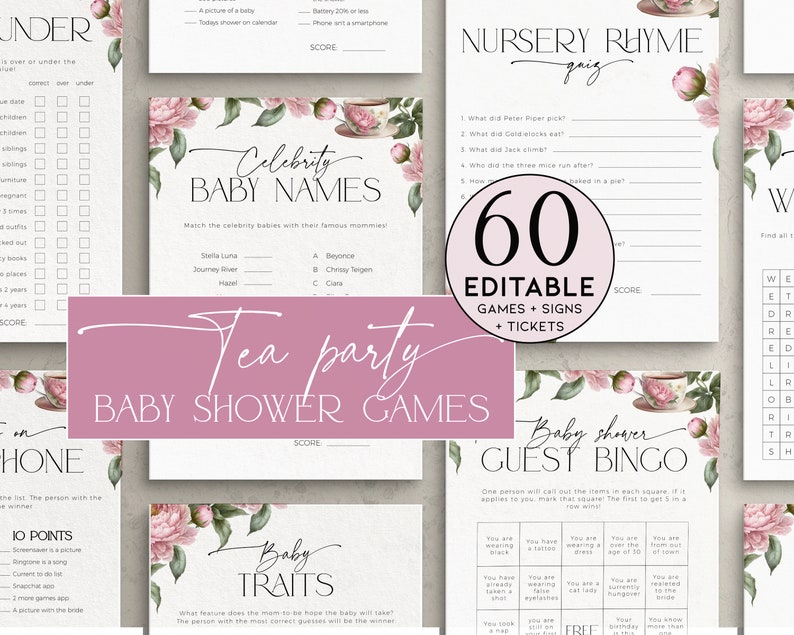 Pink and green baby shower games bundle with tea party theme and florals