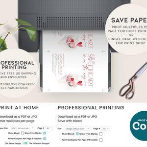 May include: A digital mockup of a printable wedding invitation with a watercolor heart design. The invitation says "A little sweetheart is on the way". The text "Save Paper" is visible in the upper right corner of the image. The image shows options for printing at home or with a professional printer.