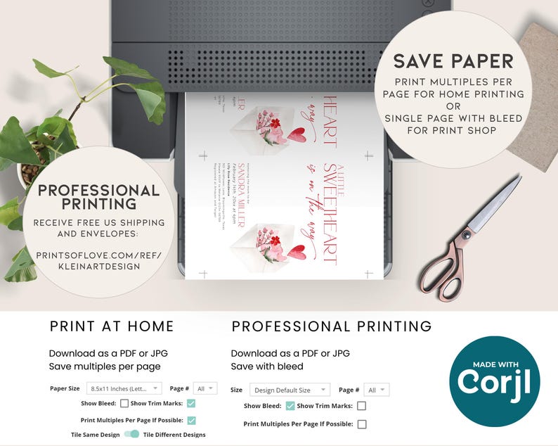 May include: A digital mockup of a printable wedding invitation with a watercolor heart design. The invitation says "A little sweetheart is on the way". The text "Save Paper" is visible in the upper right corner of the image. The image shows options for printing at home or with a professional printer.