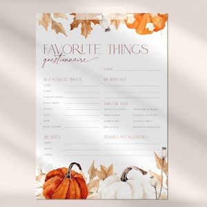 Cuestionario de cosas favoritas para el Día de Acción de Gracias, lista de amigos otoñales colorida y editable, lista de deseos de calabazas para compañeros de trabajo, formulario de hermana secreta de otoño, CH63