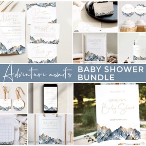 Puede incluir: Un conjunto de invitaciones para un baby shower con tem&aacute;tica de monta&ntilde;a. Las invitaciones presentan monta&ntilde;as de acuarela en tonos azules y dorados sobre un fondo blanco. El texto en las invitaciones incluye "Let the Adventure Begin", "Books for Baby", "Thank You", "Diaper Raffle", "Welcome to Sandra's Baby Shower" y "Babies are Wild".
