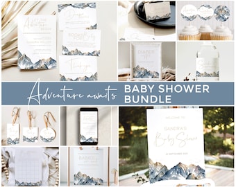 Baby Shower Bundle Mountain Theme INSTANT DOWNLOAD, Woodland Invitation Set Boys PRINTABLE, Forest Baby Sign and Shower Games Camping, BB21