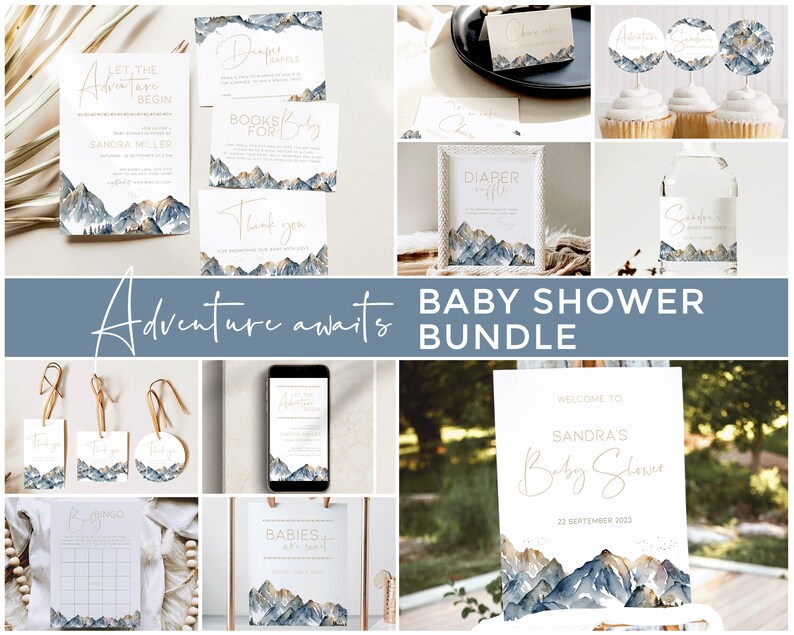 Puede incluir: Un conjunto de invitaciones para un baby shower con tem&aacute;tica de monta&ntilde;a. Las invitaciones presentan monta&ntilde;as de acuarela en tonos azules y dorados sobre un fondo blanco. El texto en las invitaciones incluye "Let the Adventure Begin", "Books for Baby", "Thank You", "Diaper Raffle", "Welcome to Sandra's Baby Shower" y "Babies are Wild".