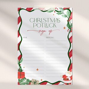 Puede incluir: Una hoja de inscripción para una comida navideña con un diseño festivo. El borde presenta rayas de bastón de caramelo rojas y verdes y acebo. Las palabras "Christmas Potluck" están en verde, con "sign up" en rojo.