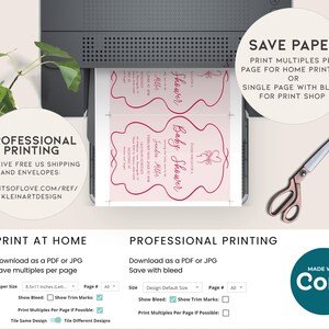May include: A pink baby shower invitation design with decorative elements. The image shows options for printing at home or professionally. Text includes "Baby Shower" and event details. A pair of scissors and a "Made with Corjl" logo are also visible.