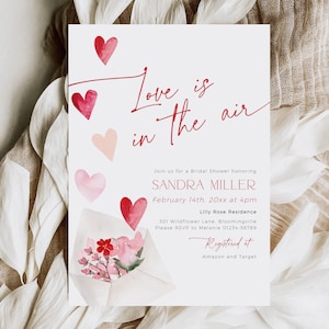 Valentine Bridal Shower Invitation PRINTABLE, Editable Pink Red Hearts Love is in the Air Bachelorette, February Photo Invite Template, CH83