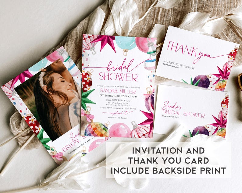 May include: Invitation and thank you card set for a bridal shower with a watercolor design featuring pink, purple, and green ornaments. The text on the invitation reads "Bridal Shower" and "Sandra Miller" with the date and time of the event. The thank you card reads "Thank you" and "Sandra's Bridal Shower".
