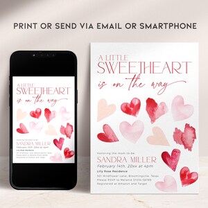 May include: A pink and red watercolor baby shower invitation with the text "A Little Sweetheart is on the way". The invitation includes the date, time, and location of the shower, as well as the name of the mom-to-be, Sandra Miller.