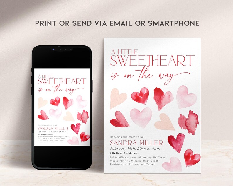 May include: A pink and red watercolor baby shower invitation with the text "A Little Sweetheart is on the way". The invitation includes the date, time, and location of the shower, as well as the name of the mom-to-be, Sandra Miller.