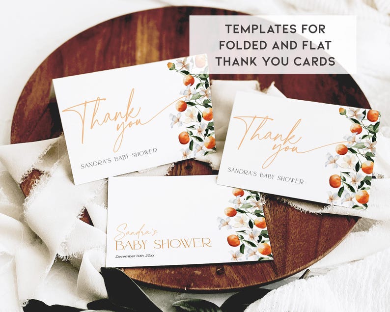 May include: Three white thank you cards with orange blossom and orange fruit illustrations. The cards are for a baby shower and say "Thank you" and "Sandra's Baby Shower".