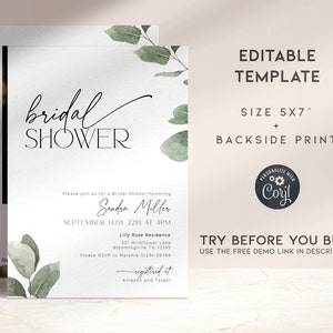 May include: A printable bridal shower invitation template featuring a watercolour eucalyptus design. The invitation is 5x7 inches and includes a back print. The text on the invitation reads "bridal shower" and "Sandra Miller".