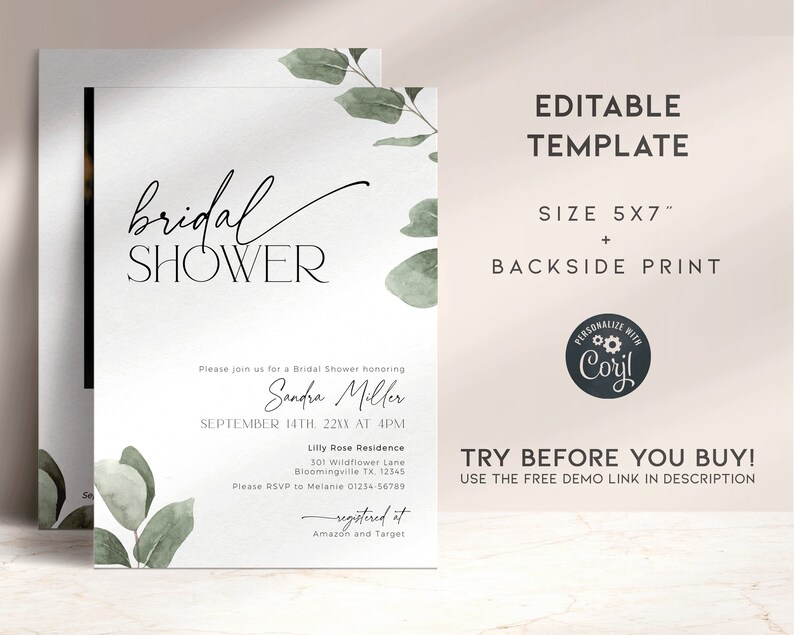 May include: A printable bridal shower invitation template featuring a watercolour eucalyptus design. The invitation is 5x7 inches and includes a back print. The text on the invitation reads "bridal shower" and "Sandra Miller".