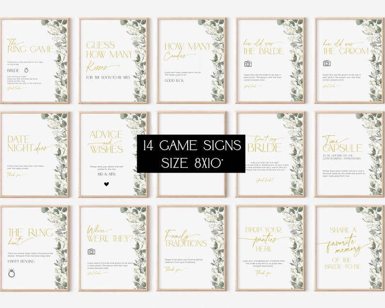 Bridal Shower Game Template Greenery Gold Bundle, Floral Eucalyptus Pack, White and Sage Green Wedding Activity, Elegant Sign Bride, BS44 image 5