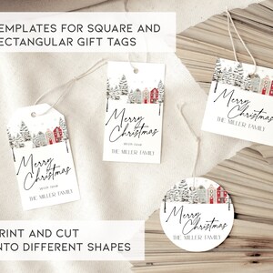 May include: Gift tags with a winter village scene and the words "Merry Christmas." The tags are in various shapes, including square, rectangular, and circular. The text "Print and cut into different shapes" is also visible.