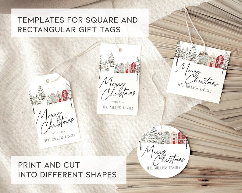 May include: Gift tags with a winter village scene and the words "Merry Christmas." The tags are in various shapes, including square, rectangular, and circular. The text "Print and cut into different shapes" is also visible.