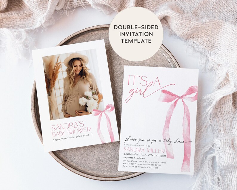 May include: Double-sided baby shower invitation template with a pink watercolor bow and the text "It's a girl". The back of the card features a photo of a pregnant woman and the text "Sandra's Baby Shower" with the date and time.