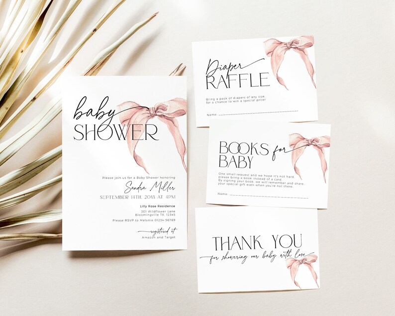 May include: A pink and white baby shower invitation with a pink bow and the text "baby shower" in black calligraphy. The invitation includes the name "Sendra Miller", the date "September 14th, 20XX at 4PM", and the location "Lily Rose Residence".