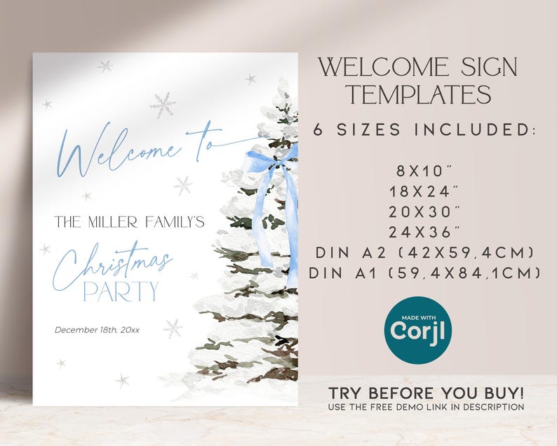 May include: A printable welcome sign template for a Christmas party. The sign features a watercolor illustration of a blue and white Christmas tree with a blue ribbon. The text on the sign reads "Welcome to The Miller Family's Christmas Party December 18th, 20xx". The sign is available in six sizes: 8x10 inches, 18x24 inches, 20x30 inches, 24x36 inches, DIN A2 (42x59.4 cm), and DIN A1 (59.4x84.1 cm).