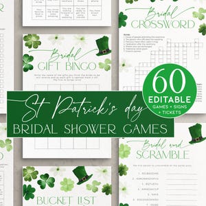 Lucky in Love St Patricks Day Bridal Shower Games Bundle, Pacote de atividades de despedida de solteira editável Green Shamrock March, modelo irlandês, CH101