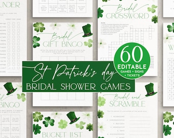 May include: A set of printable bridal shower games with a St. Patrick's Day theme. The games include a bridal gift bingo, a bridal crossword, a bridal word scramble, and a bucket list. The games feature a watercolor design with shamrocks and leprechaun hats.