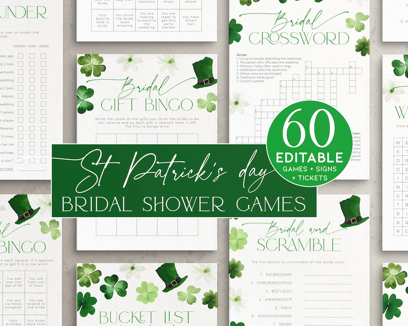 Green StPatricks Day Bridal Shower games bundle template with 60 game cards, signs and tickets