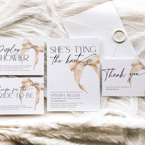 PACCHETTO di inviti per la festa nuziale "She's Tying the Knot", invito stampabile per matrimonio con fiocco neutro, scheda ricetta, regalo non incartato, biglietto di ringraziamento BS60