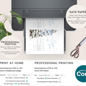 May include: A printable invitation template for a winter wedding. The invitation features a snowy forest scene with a blue ribbon and the text "Snow in Love". The template is available for both home printing and professional printing.