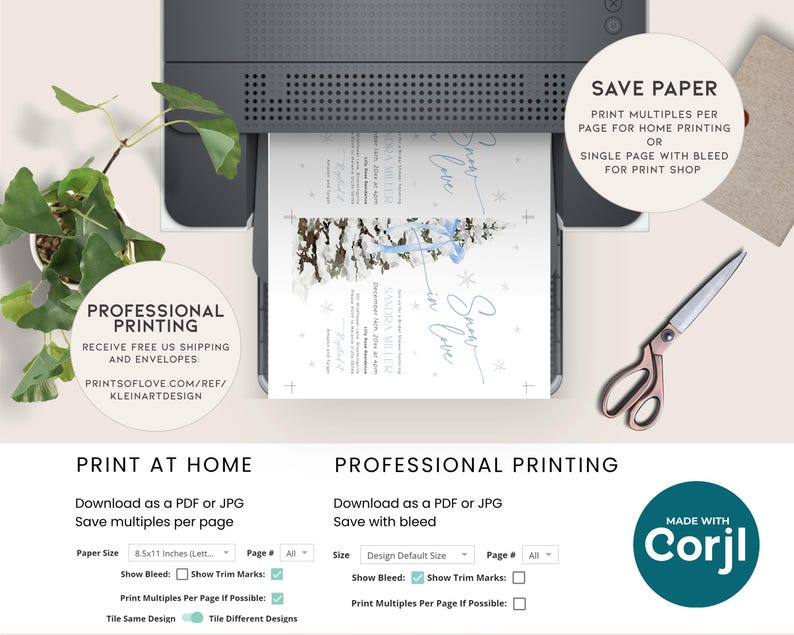 May include: A printable invitation template for a winter wedding. The invitation features a snowy forest scene with a blue ribbon and the text "Snow in Love". The template is available for both home printing and professional printing.