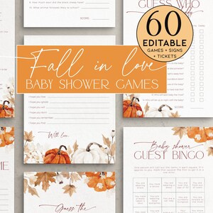 Könnte beinhalten: Eine Sammlung von Babyparty-Spielen mit Herbstthema. Die Spiele umfassen Bingo, Ratespiele und andere Aktivitäten. Das Design zeigt Kürbisse, Blätter und den Text "Fall in Love Baby Shower Games".