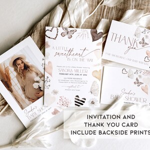 May include: A set of printable baby shower invitations and thank you cards with a watercolor floral design featuring butterflies, hearts, and the text "A little sweetheart is on the way".