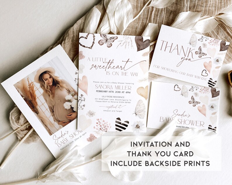 May include: A set of printable baby shower invitations and thank you cards with a watercolor floral design featuring butterflies, hearts, and the text "A little sweetheart is on the way".