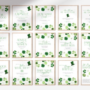 May include: A set of 12 printable baby shower game cards featuring a shamrock and leprechaun hat design. The cards include games like "Guess the Baby Food", "Time Capsule", "How Many Candies", "Date Night Ideas", "Advice and Wishes", "Family Traditions", "Guess the Sweet Mess", "Parenting Tips", "Baby Sock Hunt", "Where Were They", "Baby Name Suggestions", "Diaper Raffle", and "Late Night Diapers".