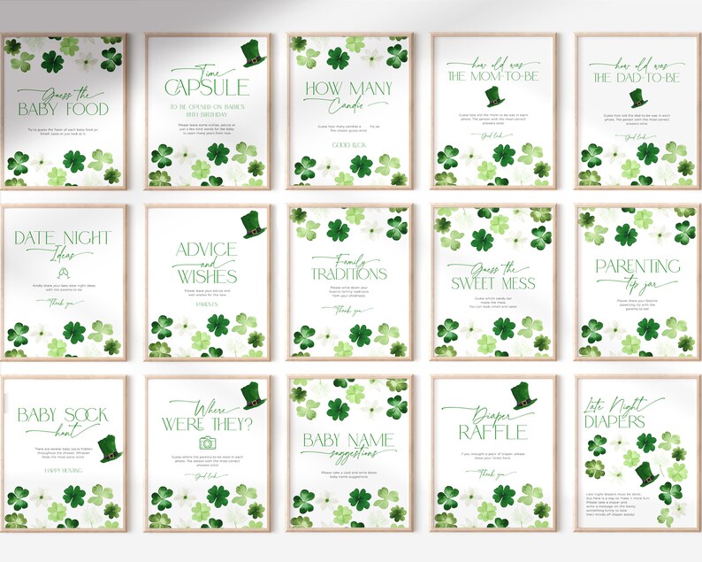 May include: A set of 12 printable baby shower game cards featuring a shamrock and leprechaun hat design. The cards include games like "Guess the Baby Food", "Time Capsule", "How Many Candies", "Date Night Ideas", "Advice and Wishes", "Family Traditions", "Guess the Sweet Mess", "Parenting Tips", "Baby Sock Hunt", "Where Were They", "Baby Name Suggestions", "Diaper Raffle", and "Late Night Diapers".