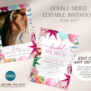 Invitación de despedida de soltera con lazo de Navidad en rosa intenso, invitación imprimible con adornos de invierno, invitación de amor por la nieve, novia de compromiso editable, CH78 imagen 2