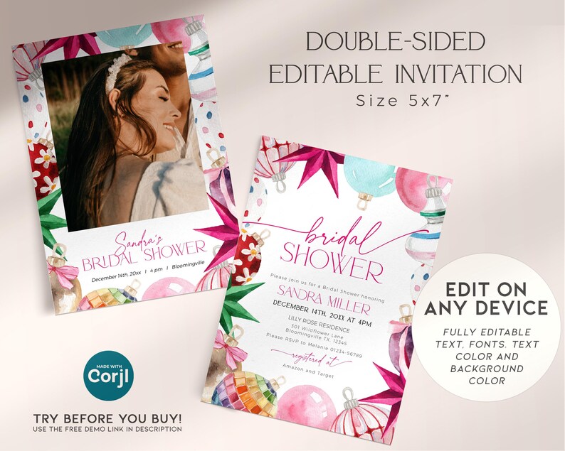 Invitación de despedida de soltera con lazo de Navidad en rosa intenso, invitación imprimible con adornos de invierno, invitación de amor por la nieve, novia de compromiso editable, CH78 imagen 2