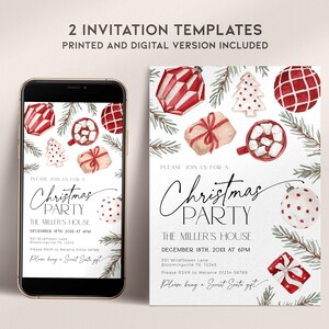 Paquete de invitaciones para fiestas navideñas para niños, invitación navideña con adornos rojos imprimibles, etiquetas de regalo navideñas editables para niños, tarjeta divertida para eventos familiares, CH73 imagen 5