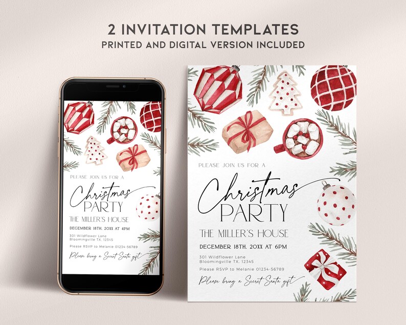 Paquete de invitaciones para fiestas navideñas para niños, invitación navideña con adornos rojos imprimibles, etiquetas de regalo navideñas editables para niños, tarjeta divertida para eventos familiares, CH73 imagen 5