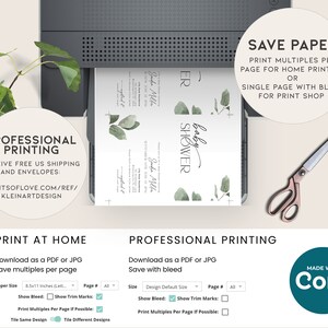May include: A printable baby shower invitation template with a watercolor design featuring green leaves and the text "baby shower". The template includes options for professional printing or printing at home. The text "Save Paper" is also included, indicating that the template can be printed multiple times per page.