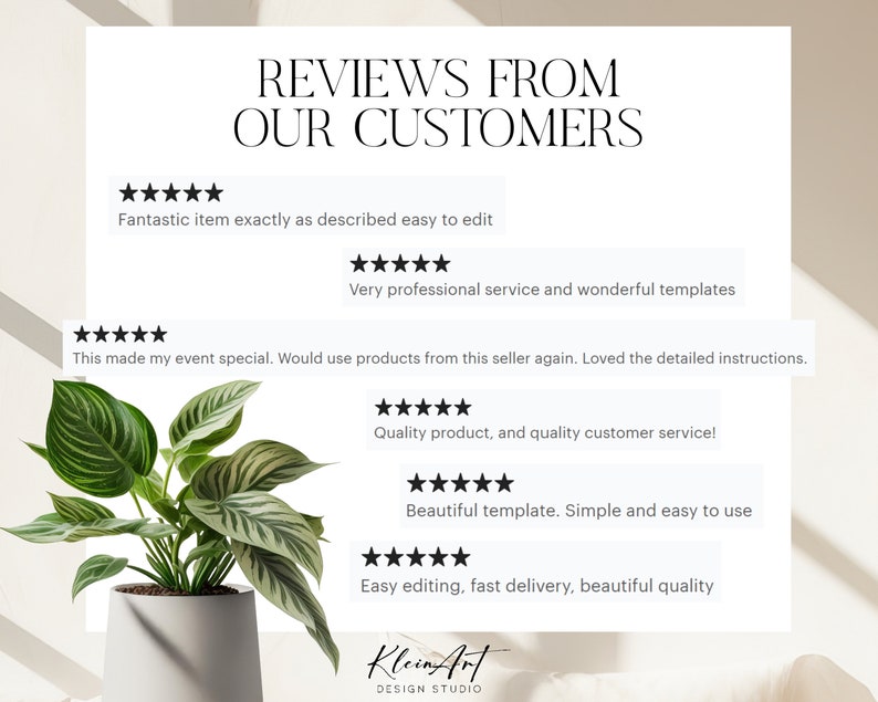 Pode incluir: Um fundo branco com o texto "REVIEWS FROM OUR CUSTOMERS" em preto. Cinco avalia&ccedil;&otilde;es de clientes s&atilde;o exibidas com avalia&ccedil;&otilde;es de cinco estrelas e coment&aacute;rios positivos. As avalia&ccedil;&otilde;es destacam a qualidade dos produtos, o atendimento ao cliente e a facilidade de uso. Uma planta verde em um vaso branco est&aacute; no canto inferior esquerdo da imagem.