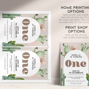 May include: A printable invitation for a first birthday party with a cactus theme. The invitation features a brown circle with the number "one" in a brown font, surrounded by a pink circle with the text "Mirella is turning one". The invitation also features a green cactus illustration and the text "Join us to celebrate Saturday, 22 September 2023 at two o'clock at Mirella's house, 340 Sunny Lane, Sun City. Kindly RSVP by 15 September to Mirella's mom, Cindy."