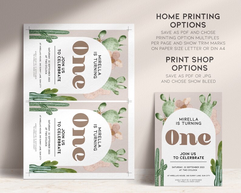 May include: A printable invitation for a first birthday party with a cactus theme. The invitation features a brown circle with the number "one" in a brown font, surrounded by a pink circle with the text "Mirella is turning one". The invitation also features a green cactus illustration and the text "Join us to celebrate Saturday, 22 September 2023 at two o'clock at Mirella's house, 340 Sunny Lane, Sun City. Kindly RSVP by 15 September to Mirella's mom, Cindy."