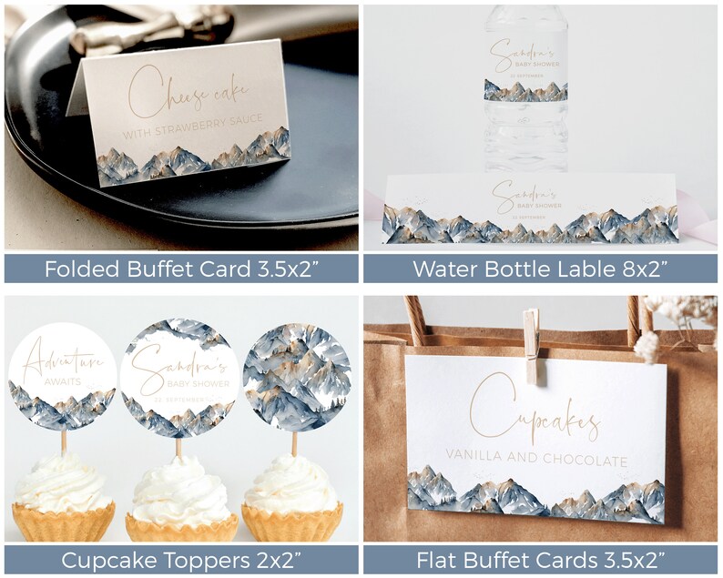 Puede incluir: Un conjunto de decoraciones imprimibles para la fiesta de baby shower con un dise&ntilde;o de cordillera en tonos azules y dorados. El conjunto incluye tarjetas de buffet plegables, tarjetas de buffet planas, adornos para cupcakes y una etiqueta para botella de agua. El texto en las tarjetas dice "Cheesecake con salsa de fresa", "Cupcakes de vainilla y chocolate" y "La aventura te espera". La etiqueta de la botella de agua dice "Baby Shower de Sandra".