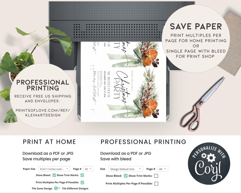 May include: A digital printable invitation for a Christmas party. The invitation features a watercolor background with green leaves, orange slices, and red berries. The text "Christmas Party" is written in a script font. The invitation also includes the date, time, and location of the party. The invitation is available for both home printing and professional printing.