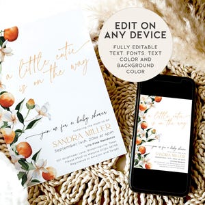 Pode incluir: Um convite digital para um ch&aacute; de beb&ecirc; com um design floral com flores de laranjeira e frutas. O texto diz "a little cutie is on the way" e inclui o nome "Sandra Miller" e os detalhes do evento. O convite &eacute; totalmente edit&aacute;vel.