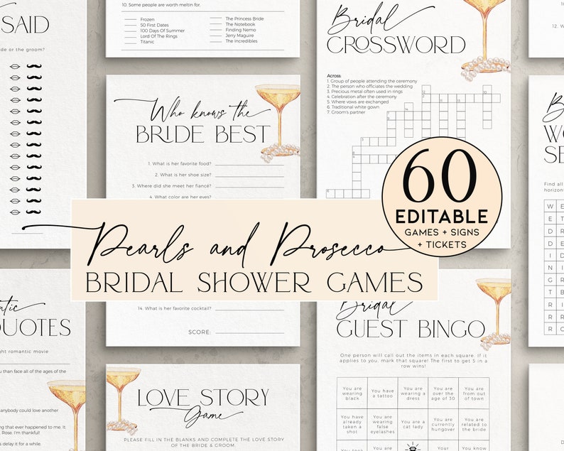 Pearls and Prosecco Bridal Shower Games BUNDLE, Neutral Script Brunch and Bubbly Bachelorette Activity, Champagne Wedding Printable, BS61 image 1